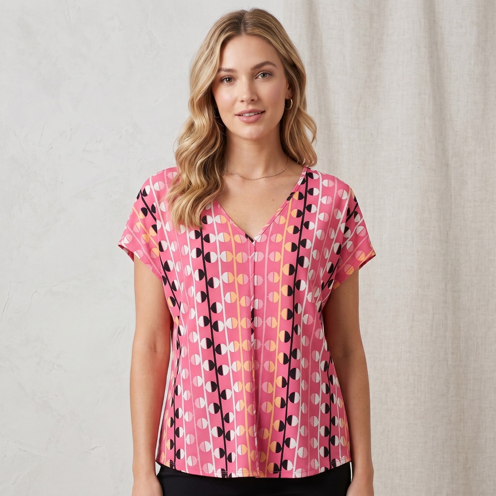 Bar III Mod Geo Top Retro Pink V Neck Stretch Dolman SS Whimsy Op Art Graphic M